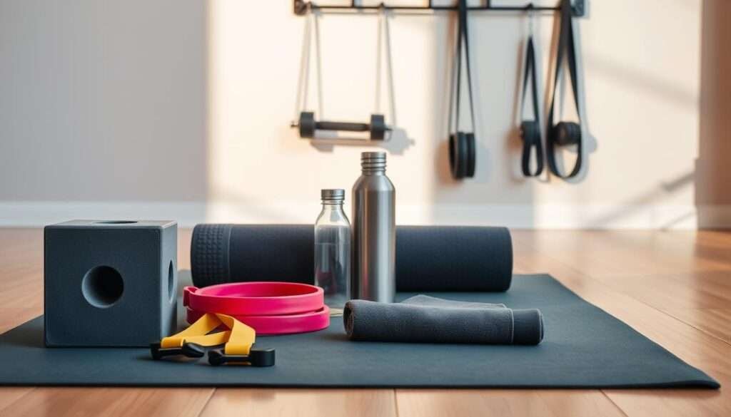A well-lit studio setting with an assortment of yoga gear arranged artfully on a wooden floor. In the foreground, a pair of sturdy yoga blocks, resistance bands, and a thick yoga mat. In the middle, a sleek water bottle and a neatly folded yoga towel. In the background, a set of dumbbells and a yoga strap hang from a wall-mounted rack, casting long shadows. The overall atmosphere is calming and focused, conveying the sense of a dedicated strength-building practice.