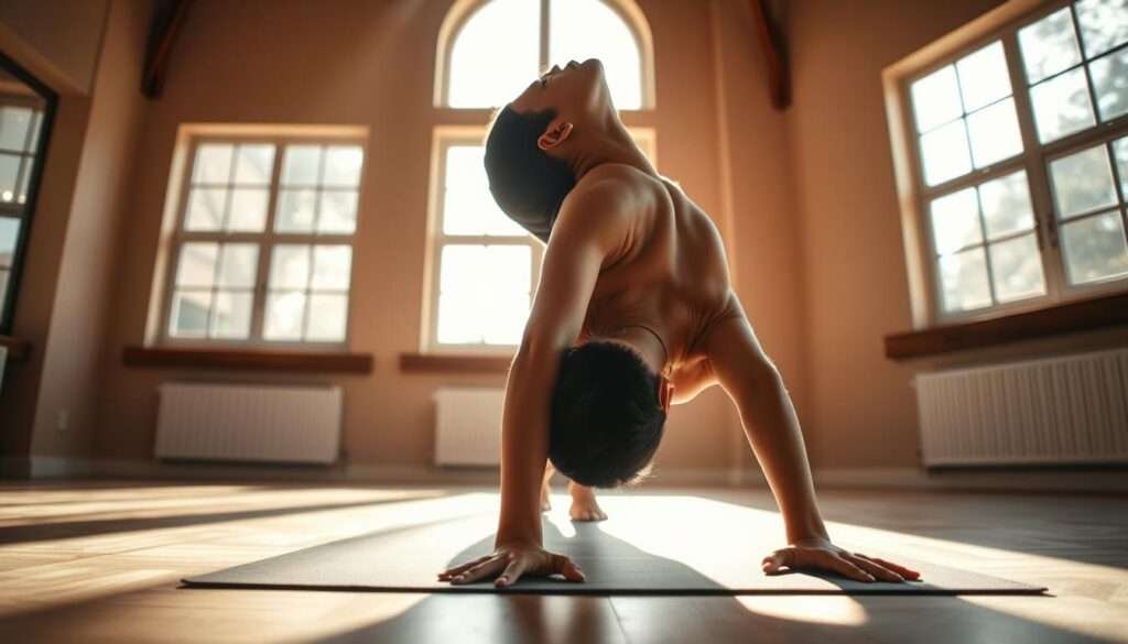 A yogi performing the cobra pose (Bhujangasana) in a well-lit yoga studio. The practitioner's back is arched gracefully, showcasing the spine's full range of motion. Sunlight streams in through large windows, creating a warm, serene atmosphere. The pose highlights the chest and shoulder flexibility required, with the hands firmly planted on the floor and the gaze directed upwards. The yogi's face is relaxed, conveying a sense of focus and tranquility. The scene is captured from a low angle, emphasizing the dynamism and power of the pose. The image should inspire viewers to explore this pose and unlock their own spine and chest flexibility.