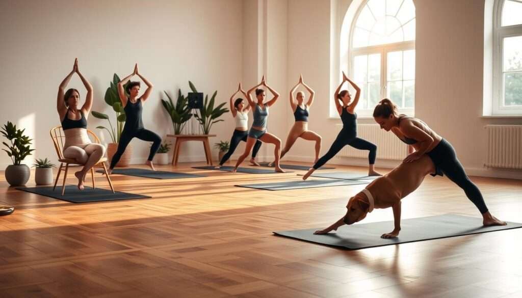 Elegant and dynamic yoga studio scene. In the foreground, a group of people performing various strength-building yoga poses - chair pose, warrior II, plank, and downward-facing dog. Soft, natural lighting from large windows bathes the space in a warm, peaceful glow. The middle ground features wooden floors, potted plants, and clean white walls, creating a minimalist, serene atmosphere. In the background, a subtle bokeh effect frames the scene, directing focus to the central yoga practice. Crisp, high-resolution details capture the graceful movement and muscular engagement of the poses. The overall mood is one of strength, focus, and mindfulness.