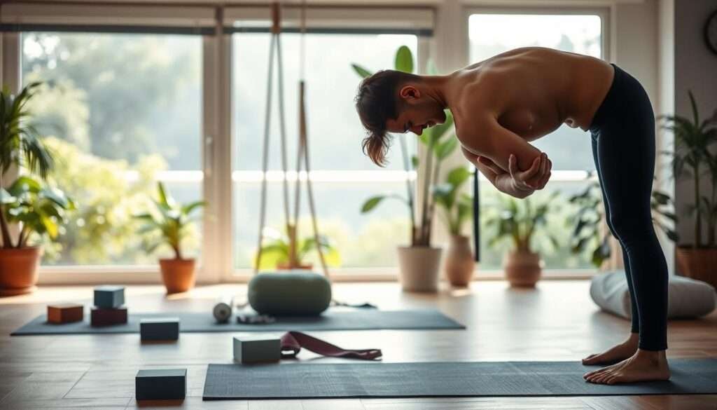 Serene yoga studio with natural lighting. In the foreground, a person performing a gentle backbend pose, their expression focused and calm. Middle ground showcases various yoga props - blocks, straps, and a bolster - to support proper alignment and safety. The background features lush plants and a large window overlooking a serene outdoor scene, creating a tranquil, healing atmosphere. Soft, diffused lighting illuminates the scene, emphasizing the importance of mindful, meditative practice for back pain relief.