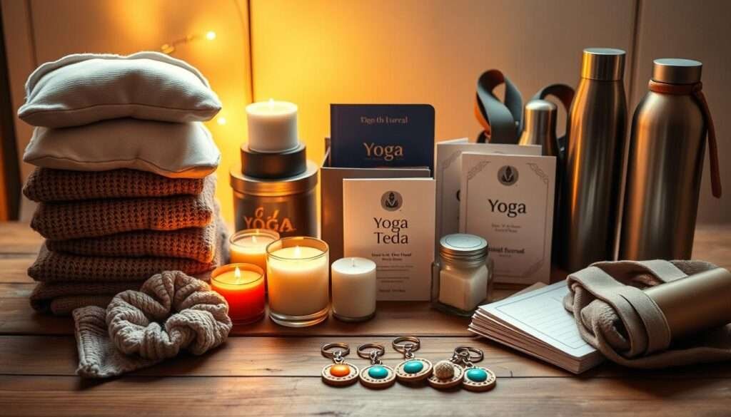 Stacks of cozy yoga socks, plush eye pillows, and scented candles arranged on a rustic wooden table. Warm, ambient lighting casts a golden glow, creating a serene, hygge-inspired atmosphere. Soft textures and muted colors evoke a sense of comfort and relaxation, perfect for a yoga lover's stocking. In the foreground, a delicate knit scrunchie and a set of chakra-themed keychains add a touch of whimsy. The middle ground features an assortment of herbal teas and mindfulness journals, while the background showcases a bundle of yoga straps and a sleek, minimalist water bottle. The overall composition exudes a feeling of simple, mindful indulgence - small gifts that embody the spirit of yoga and the holiday season.