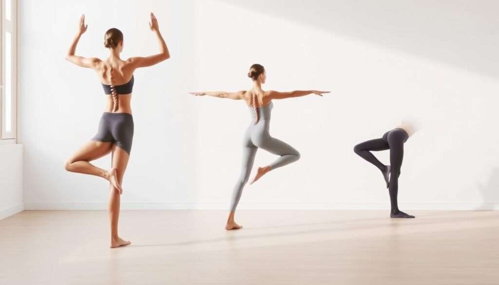 Standing yoga poses for back alignment, captured in a bright, natural-lit studio. In the foreground, a serene figure stands in tree pose, their spine elongated and shoulders open. Middle ground showcases a warrior II stance, legs firmly grounded, torso twisting gently. In the background, a half-moon pose silhouettes against a clean, minimalist backdrop, highlighting the elegant extension of the body. Soft, diffused lighting accentuates the fluid movements and graceful postures, conveying a sense of balance, strength, and spinal integrity.