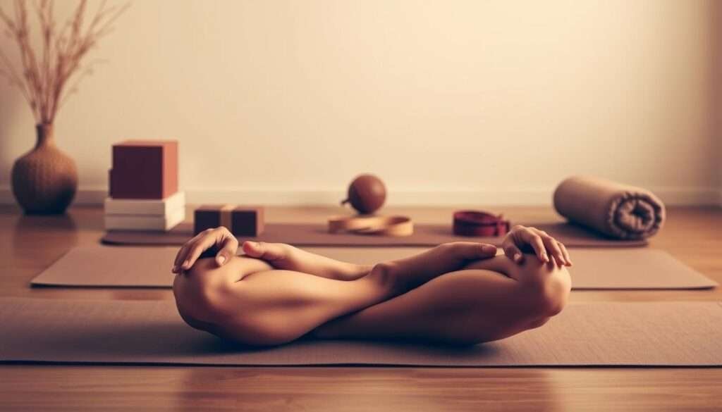 Yoga safety guidelines: A serene, minimalist composition in warm, earthy tones. In the foreground, a person in a lotus pose demonstrating proper form, with hands gently resting on knees. The middle ground features various yoga props - a mat, blocks, strap, and bolster - arranged neatly. The background is a tranquil, softly-lit space with a clean, uncluttered aesthetic, suggesting a yoga studio or meditation room. The overall mood is calming, focused, and informative, guiding the viewer towards safe, mindful practice.