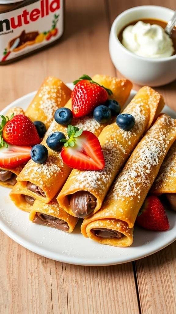 Nutella French toast roll-ups on a plate, garnished with powdered sugar and fresh fruits.