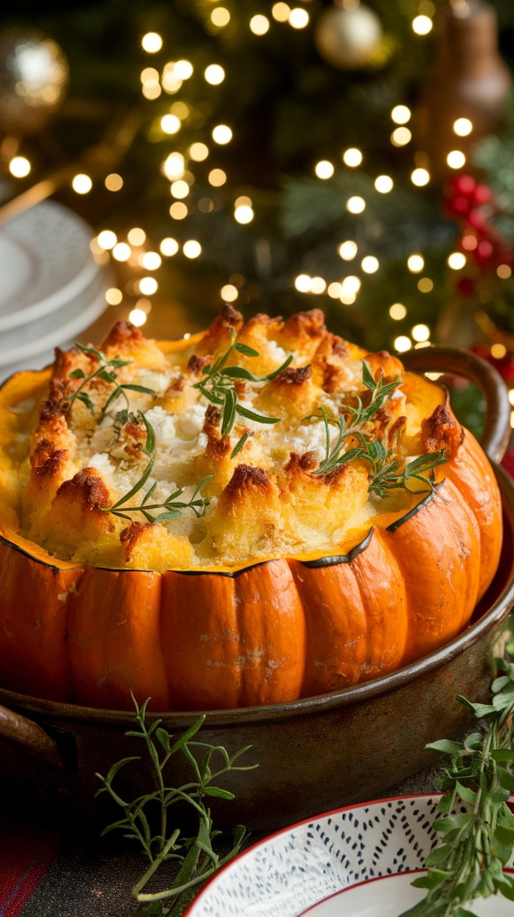 A beautifully baked acorn squash filled with a feta cheese and quinoa mixture, garnished with herbs.