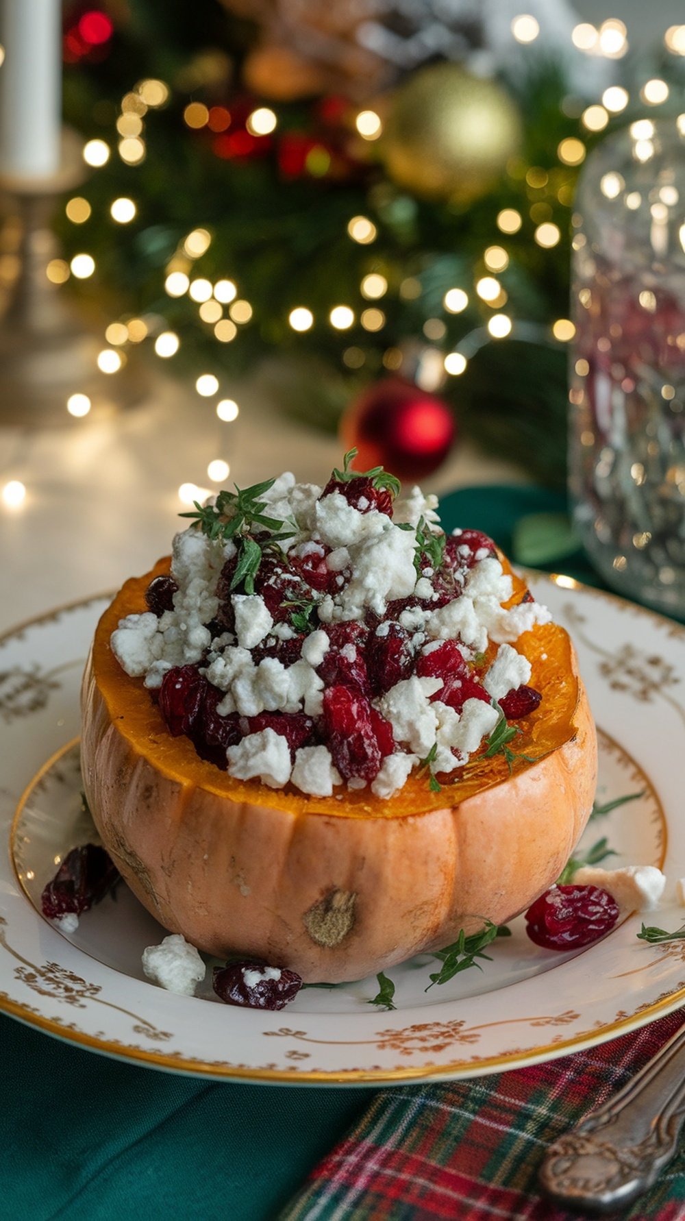 Honey roasted butternut squash with cranberries and feta served on a festive plate.