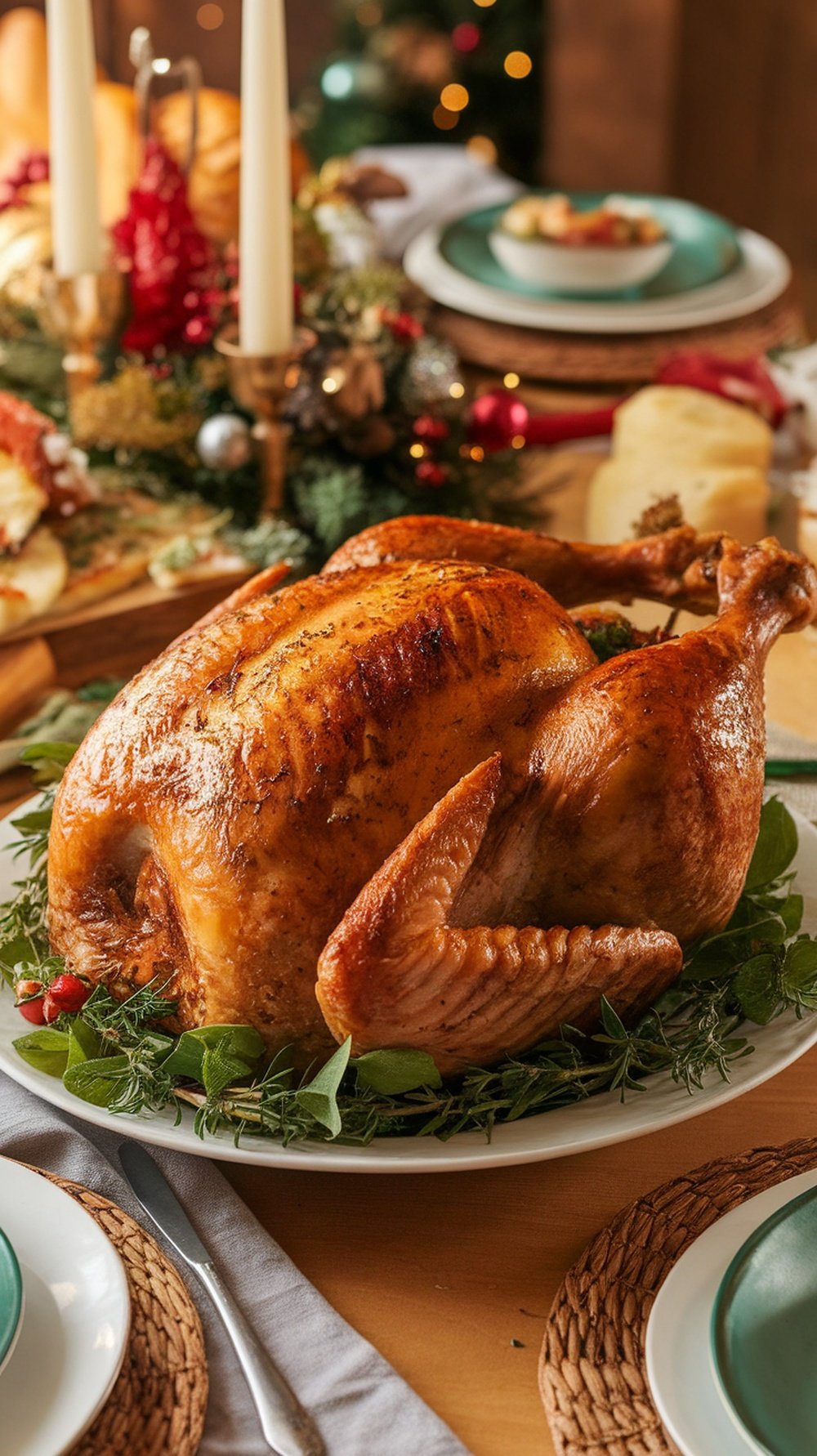 A beautifully cooked air fryer turkey breast on a festive table setting