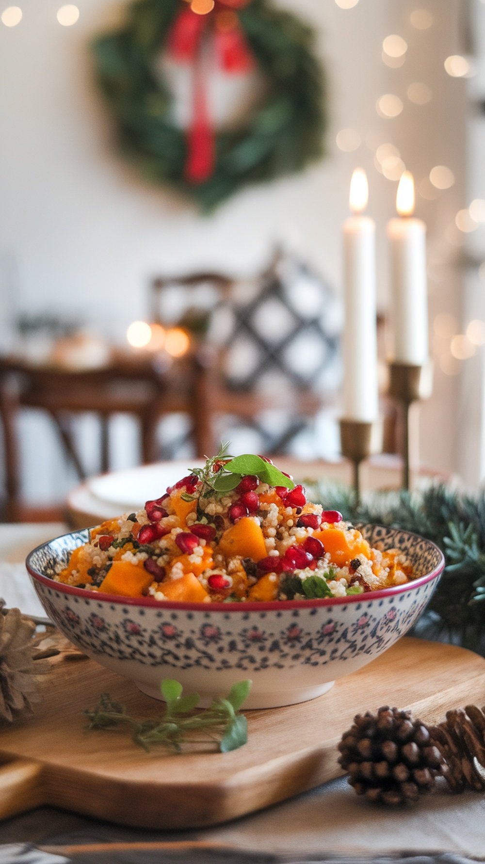 A vibrant bowl of butternut squash quinoa salad with pomegranate seeds, garnished with herbs, set against a cozy holiday backdrop.