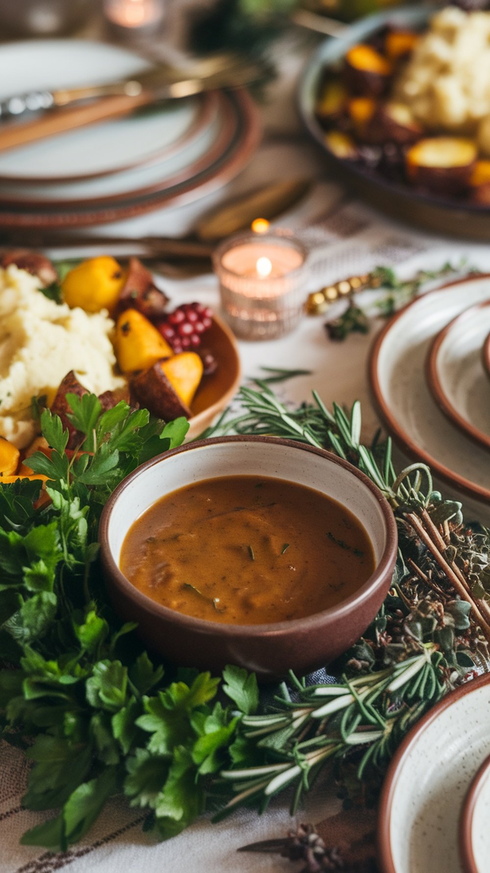 A bowl of vegan gravy surrounded by fresh herbs and holiday dishes.