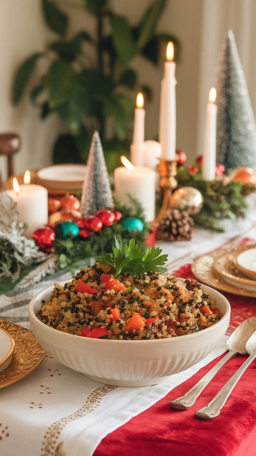 A bowl of colorful quinoa stuffing on a festive table setting.