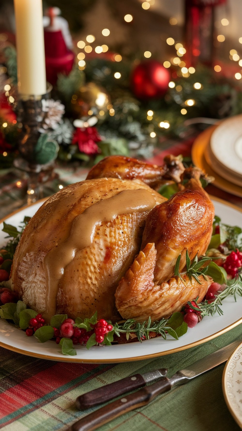 A beautifully cooked sous vide turkey breast with apple cider gravy, garnished with herbs and surrounded by festive decorations.