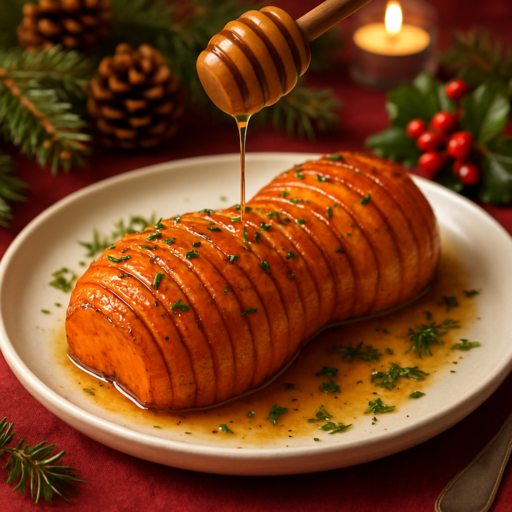 A beautifully roasted Hasselback butternut squash with honey glaze, garnished with thyme, set on a festive holiday table.