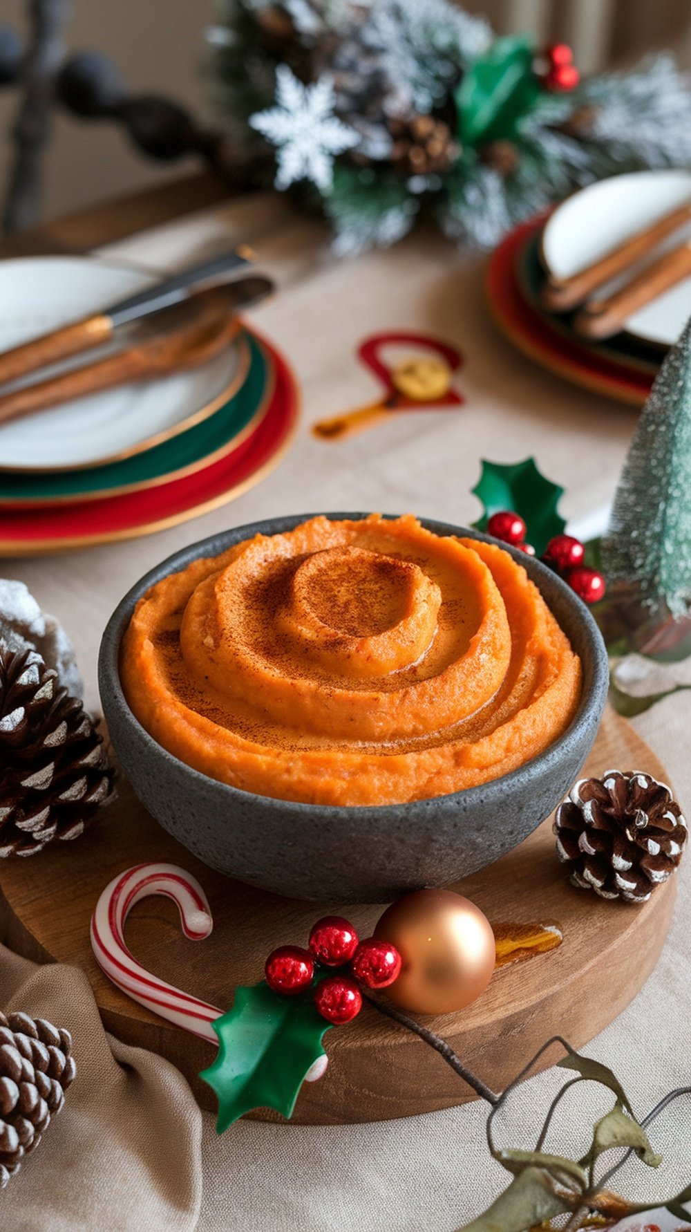 A bowl of mashed sweet potatoes decorated for Christmas dinner.