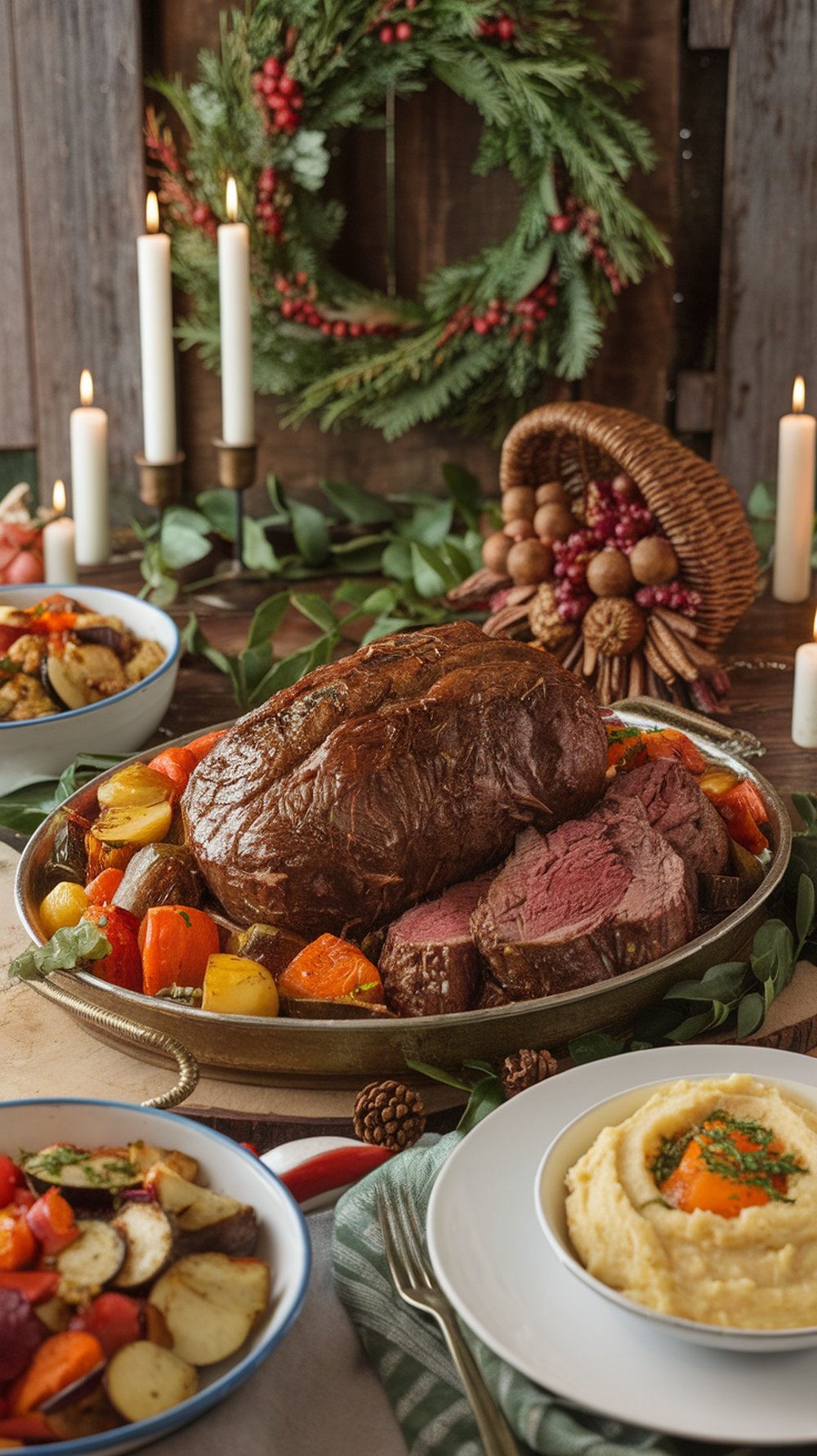 A beautifully arranged Balsamic Slow Cooker Pot Roast with colorful vegetables, surrounded by festive decorations.