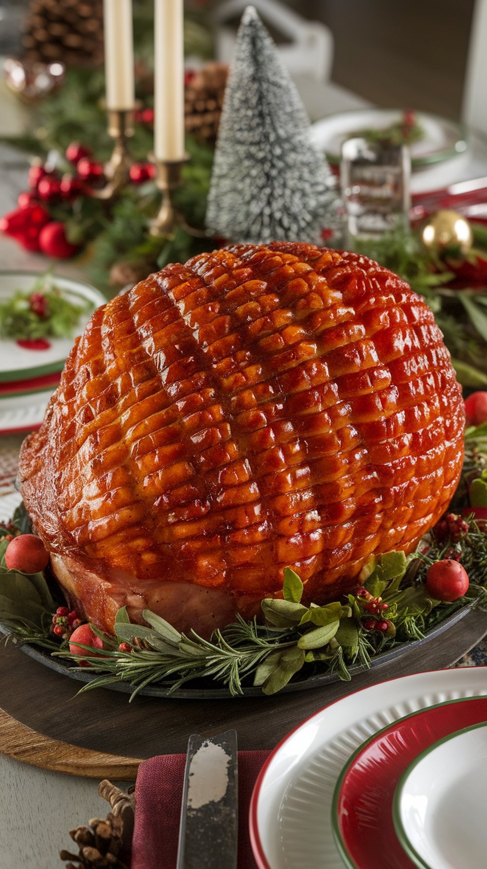A beautifully glazed fresh ham on a festive table setting.