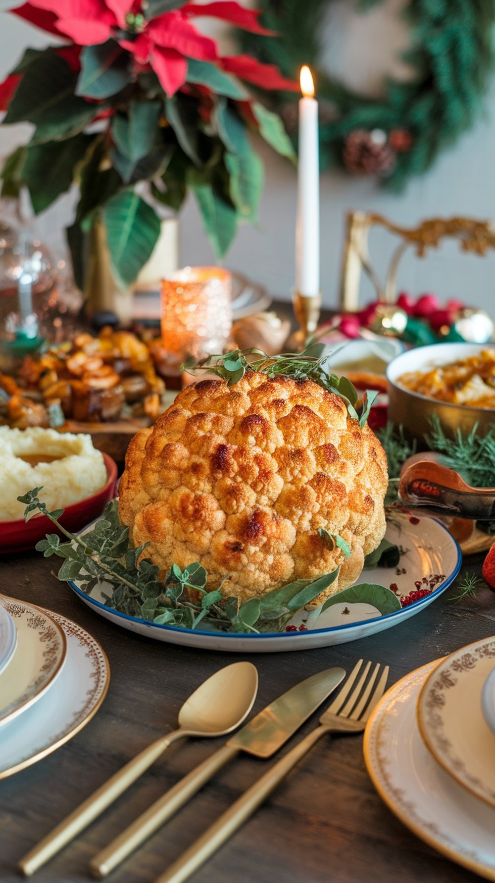 Whole roasted cauliflower centerpiece on a holiday table