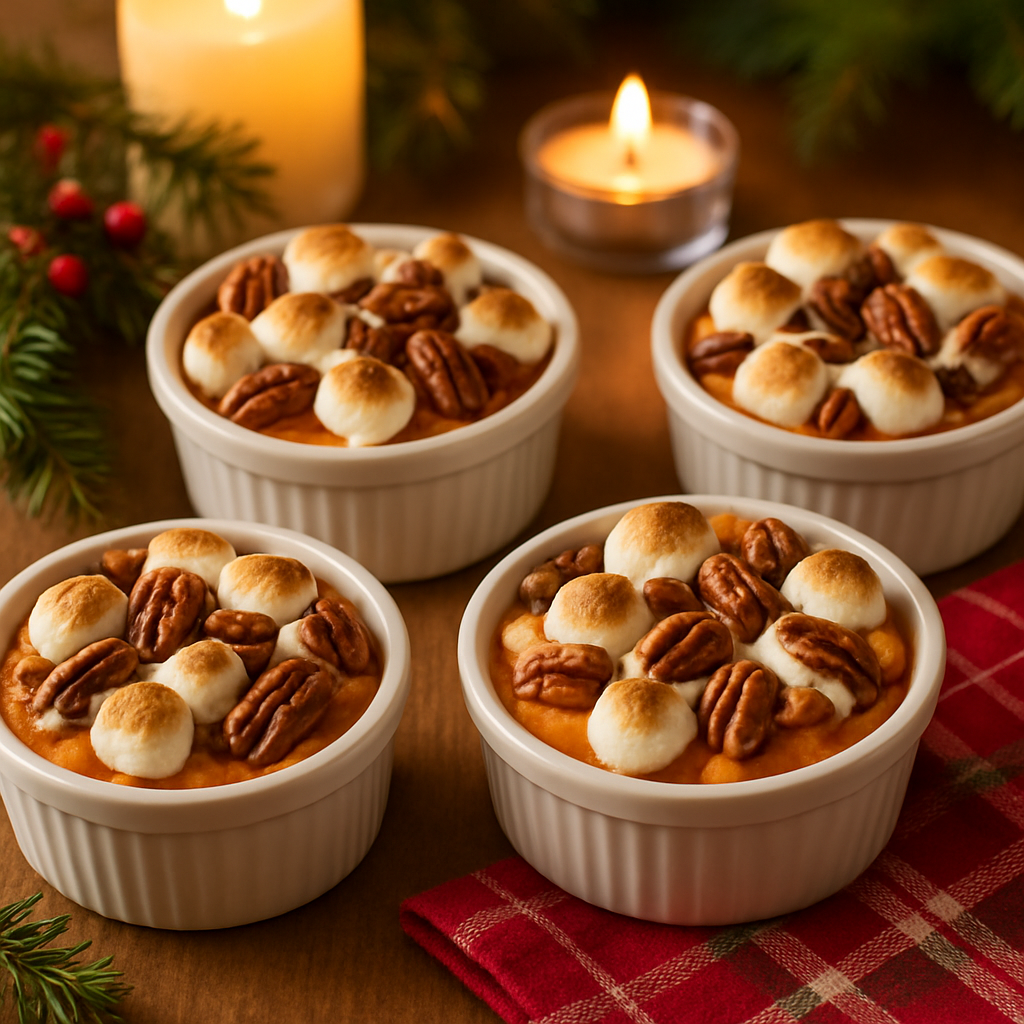 Sweet potato casserole cups on a festive table setting