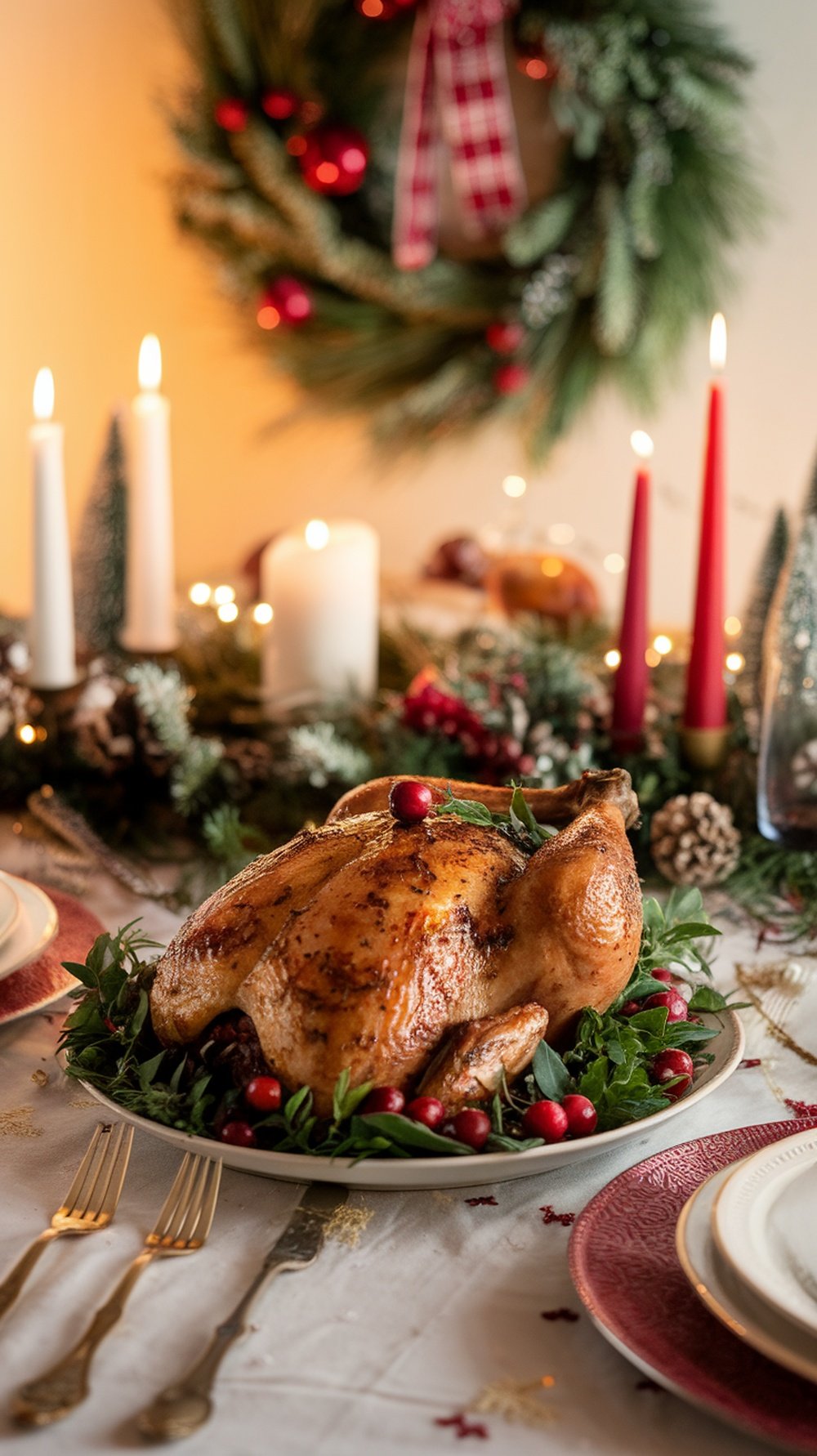 A beautifully roasted chicken garnished with cranberries and herbs, set on a festive holiday table.