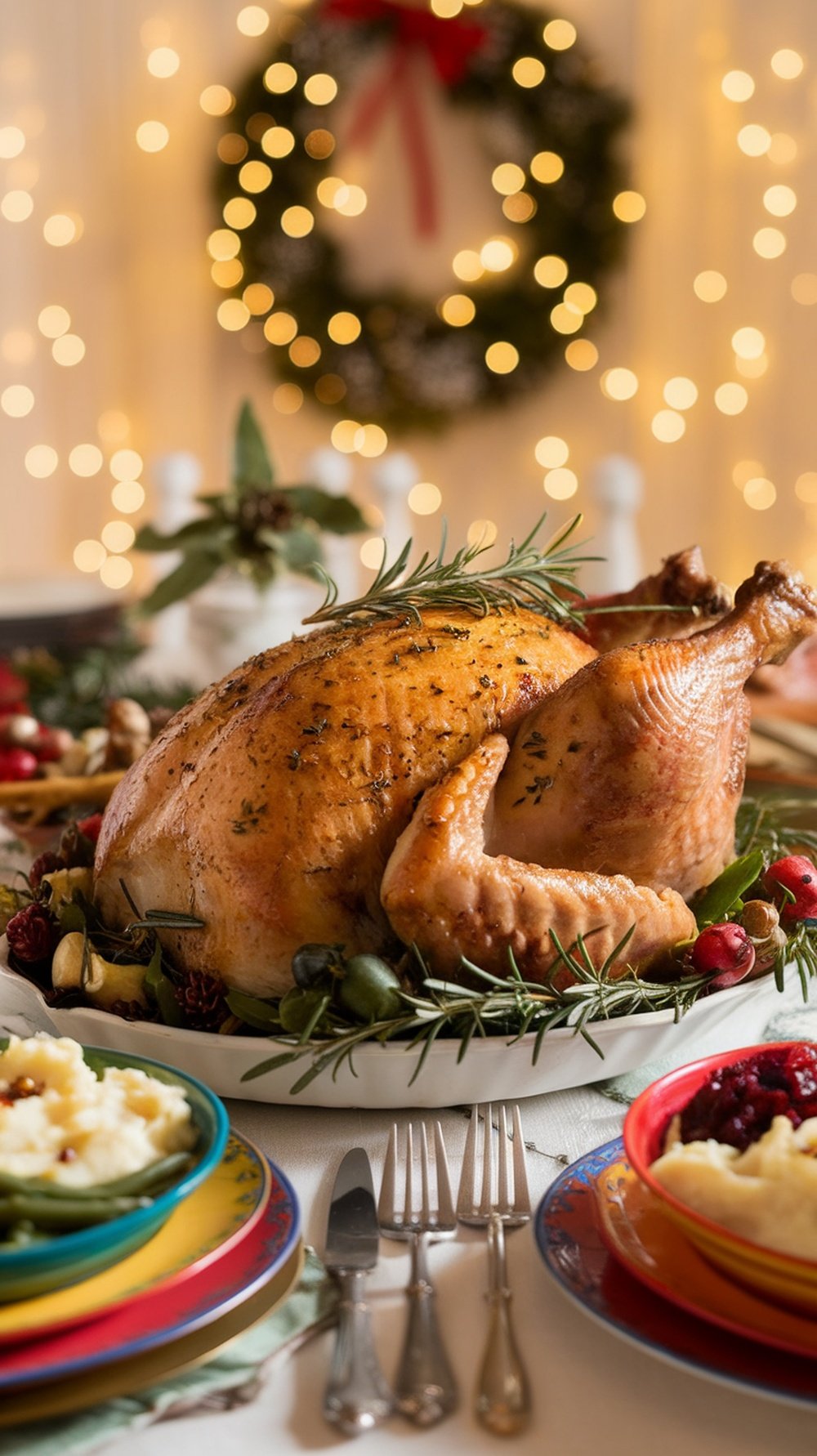 A beautifully roasted turkey breast garnished with herbs and surrounded by festive decorations.