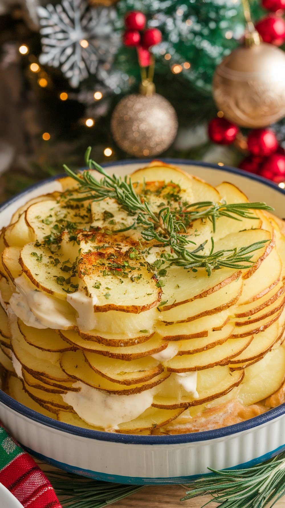 A beautifully layered dish of vegan scalloped potatoes garnished with herbs.