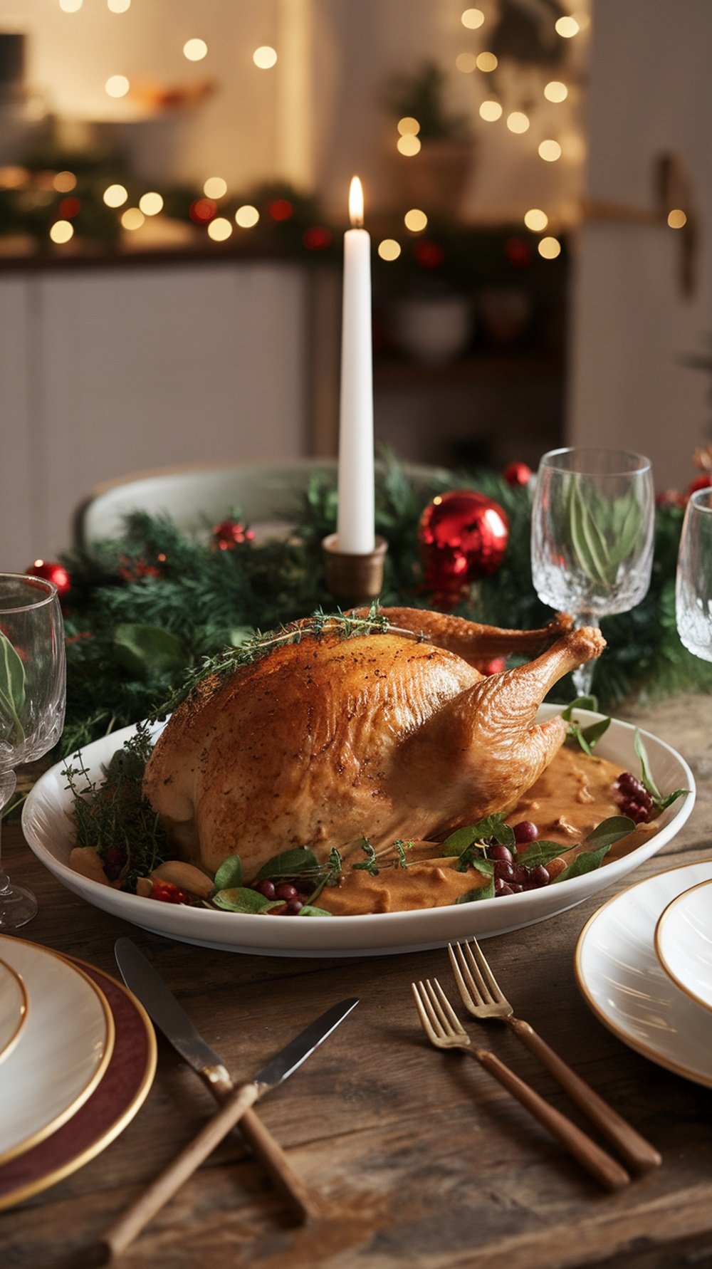 A beautifully roasted turkey breast garnished with herbs and served with gravy on a festive table.