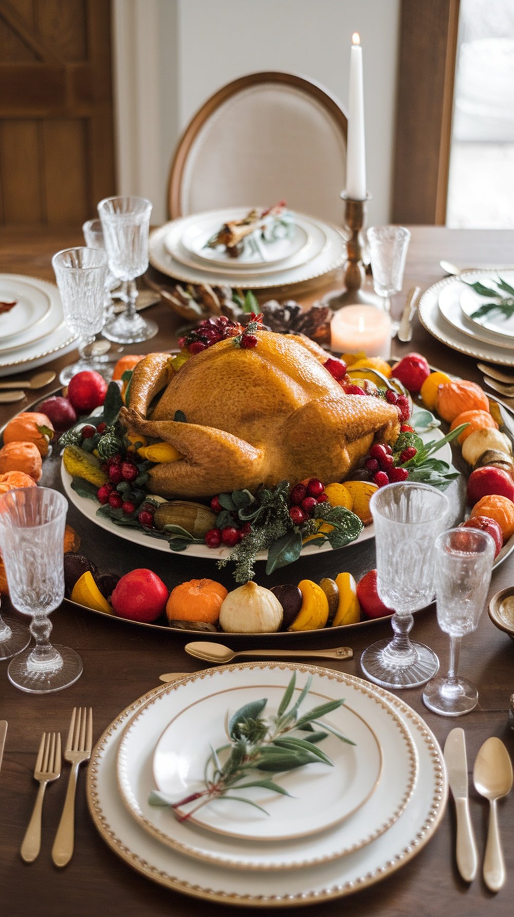 A beautifully arranged Christmas dinner table featuring a vegan turkey centerpiece surrounded by colorful fruits and vegetables.