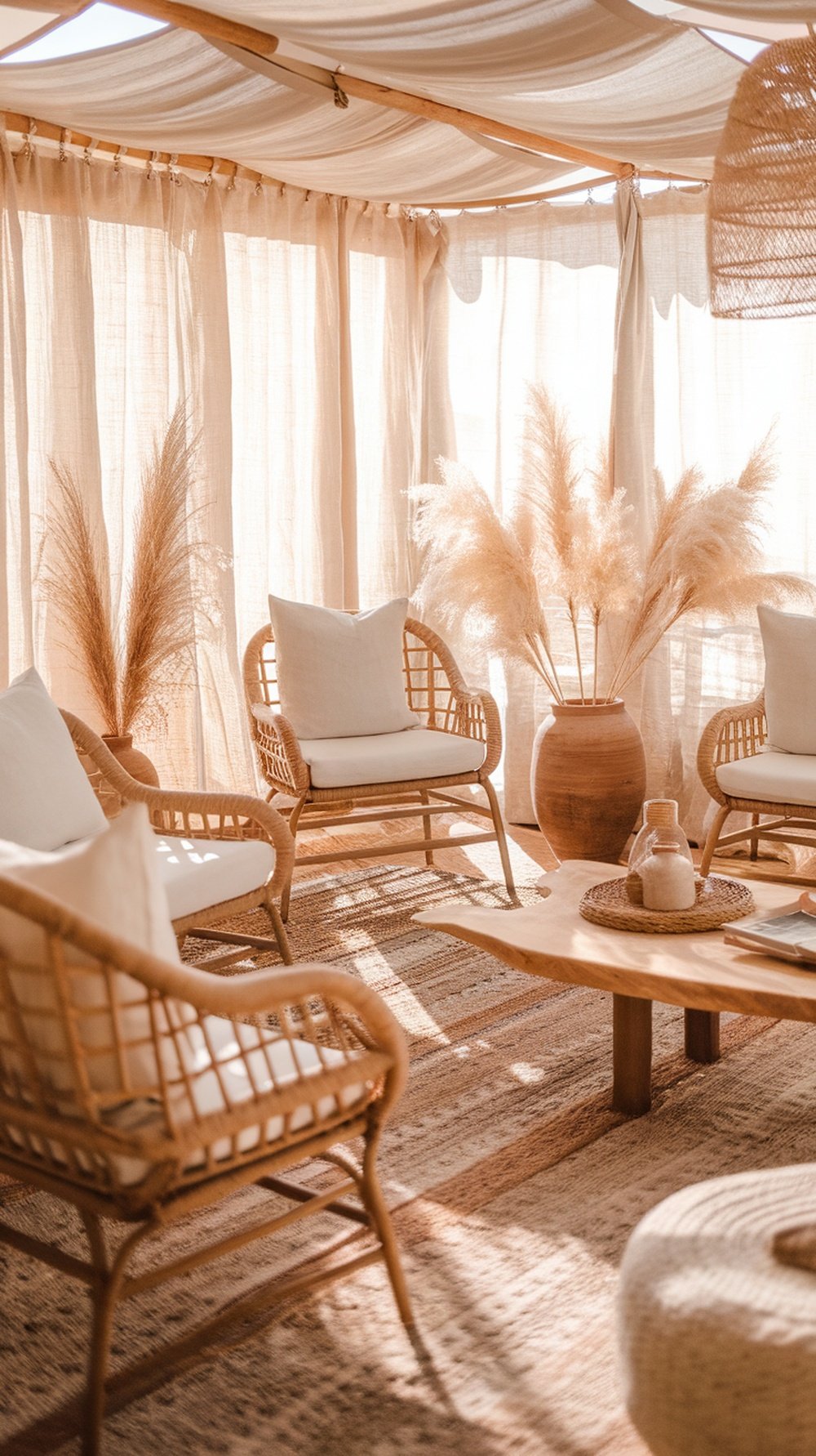 A cozy boho living room featuring rattan chairs, pampas grass, and soft lighting.