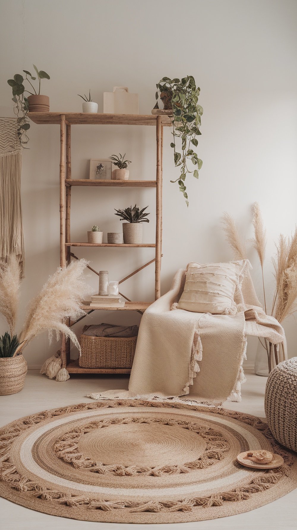 Cozy boho living room with layered jute rugs, soft throws, and plants.
