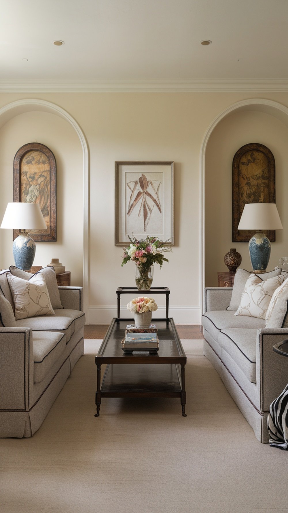 A living room with symmetrical balance featuring two identical sofas, a coffee table, and decorative elements.
