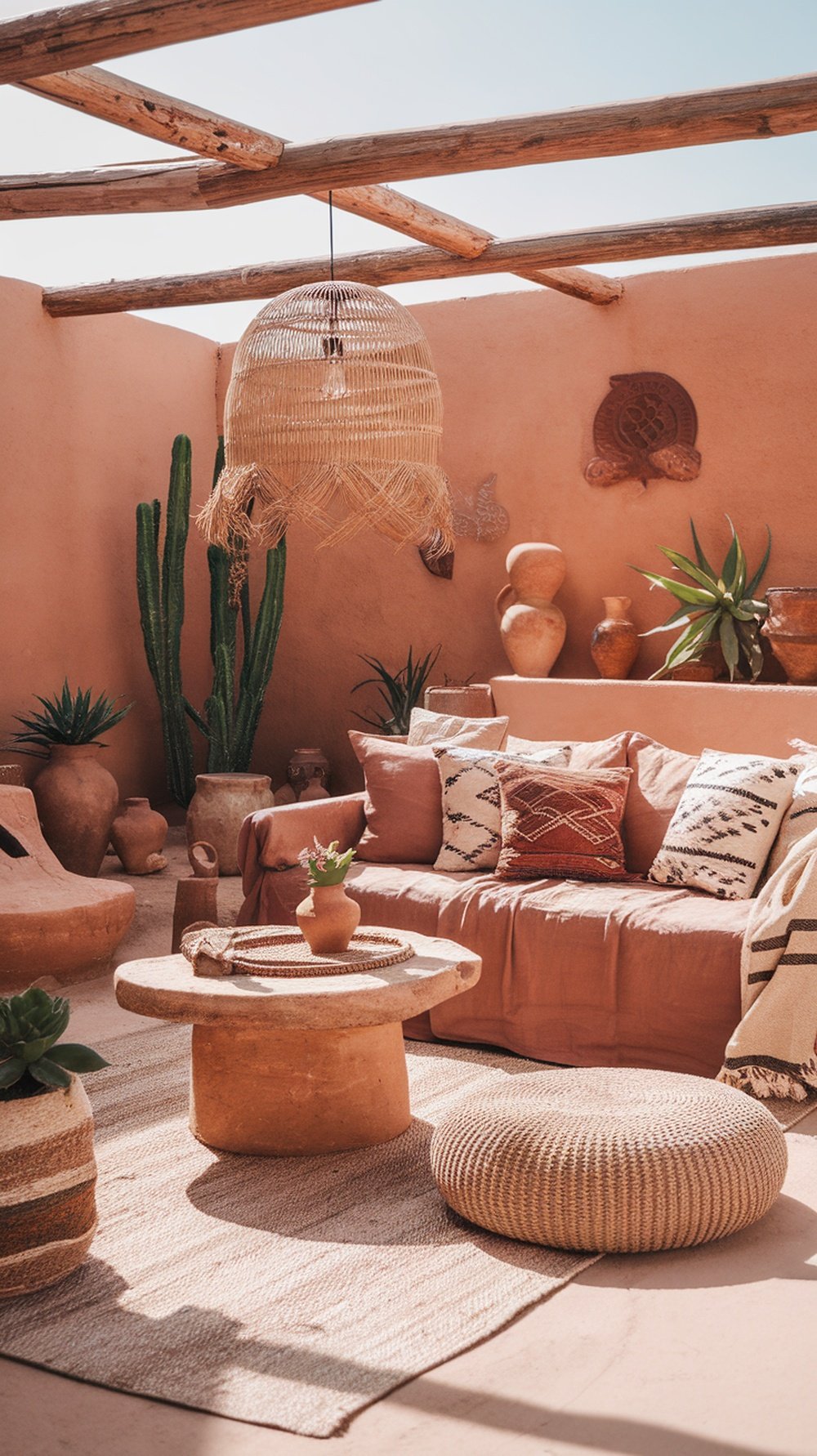 Cozy boho living room featuring terracotta tones and cactus decor
