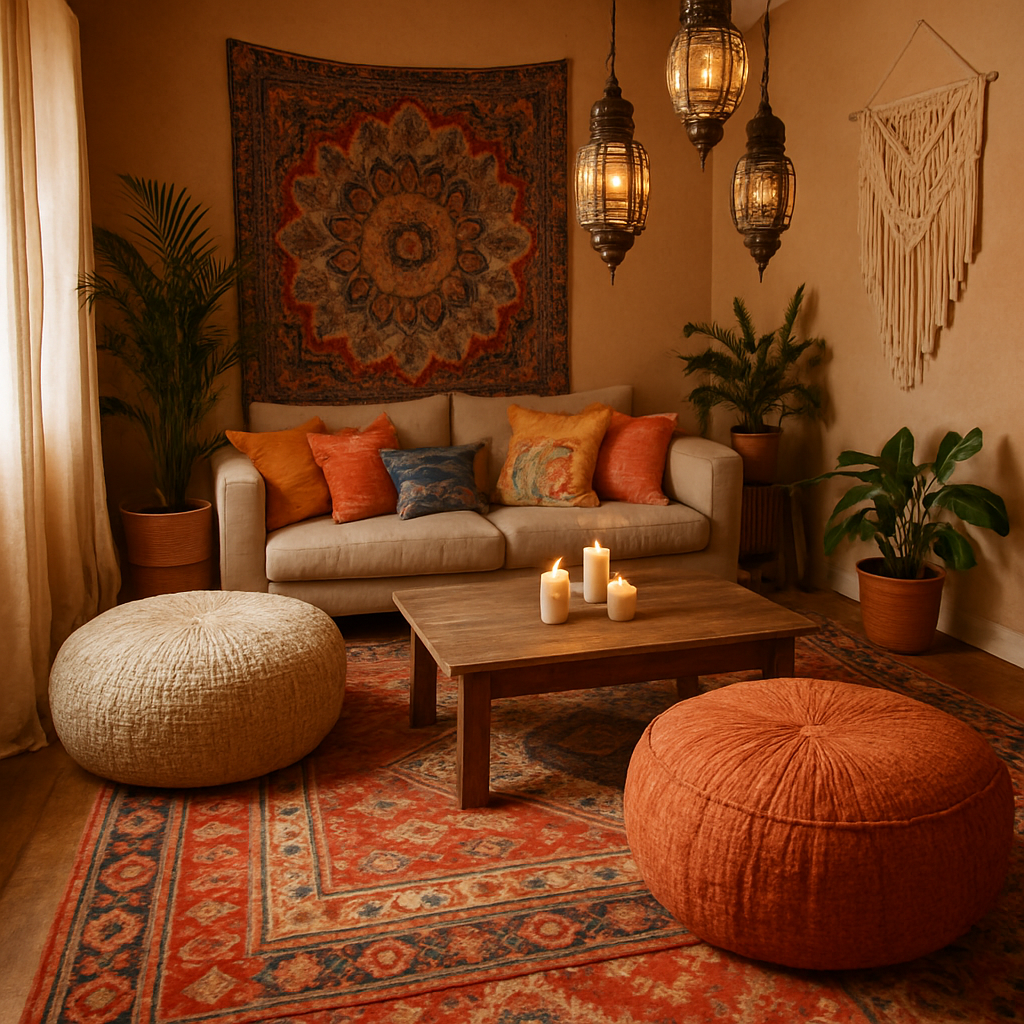 A cozy boho living room featuring oversized floor poufs and low seating.