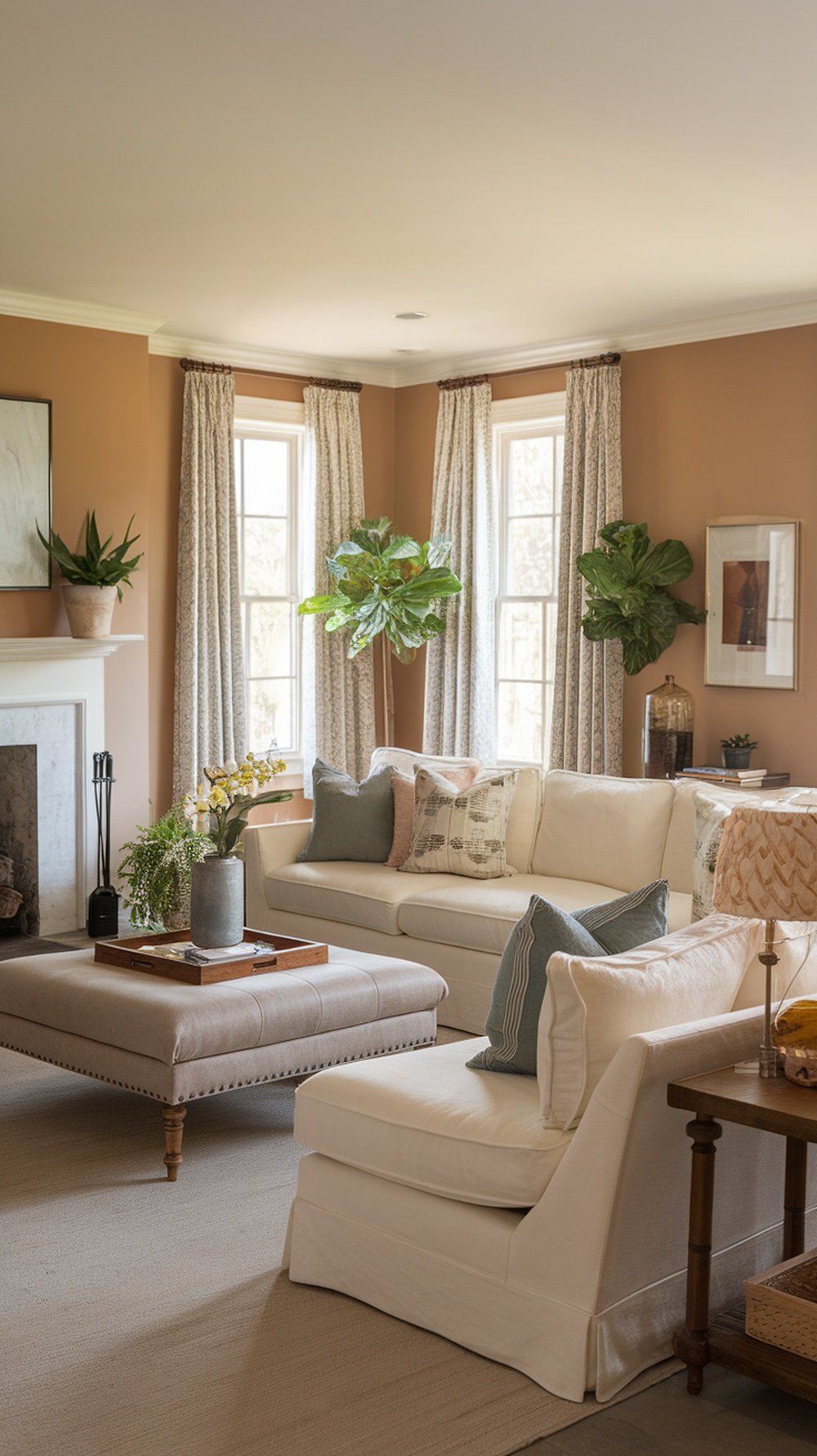 Cozy living room featuring a sectional sofa with an ottoman, plants, and natural light.