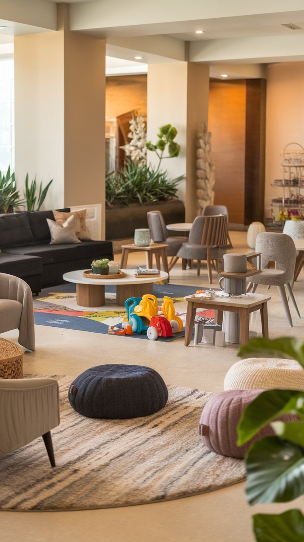 A spacious living room with a black sofa, round coffee table, colorful toys, and soft poufs, designed for family comfort.