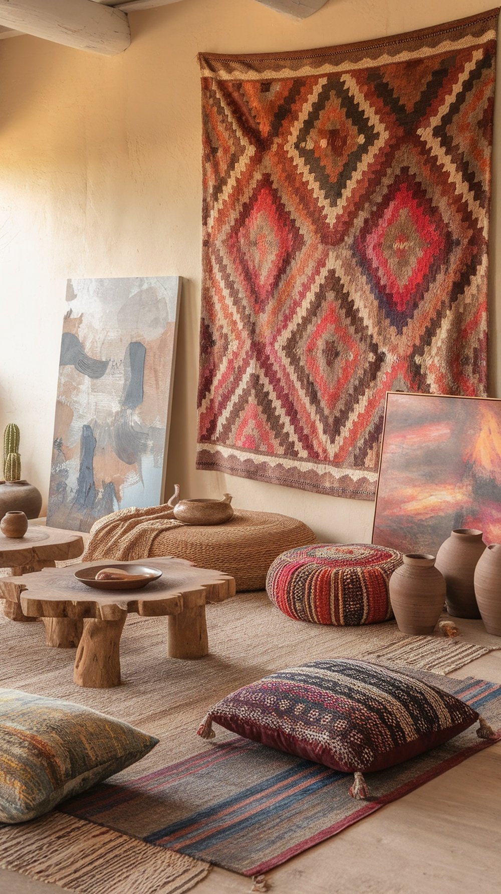 A cozy boho living room featuring tapestry wall decor and ethnic prints.