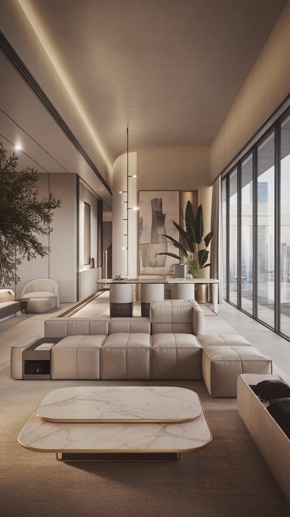 A minimalist living room featuring a curved beige sofa, a black coffee table, and a tall plant in a pot.