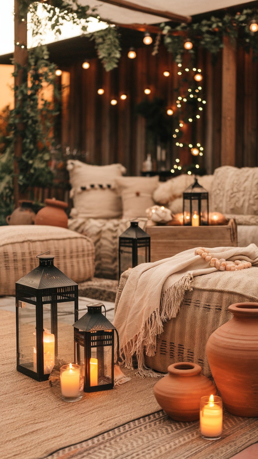 Cozy boho living room with lanterns and string lights