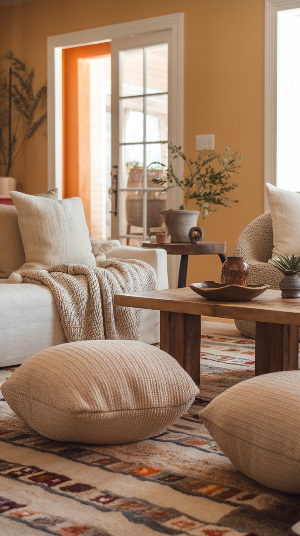 A cozy living room with a neutral sofa, textured pillows, a wooden coffee table, and a colorful rug.