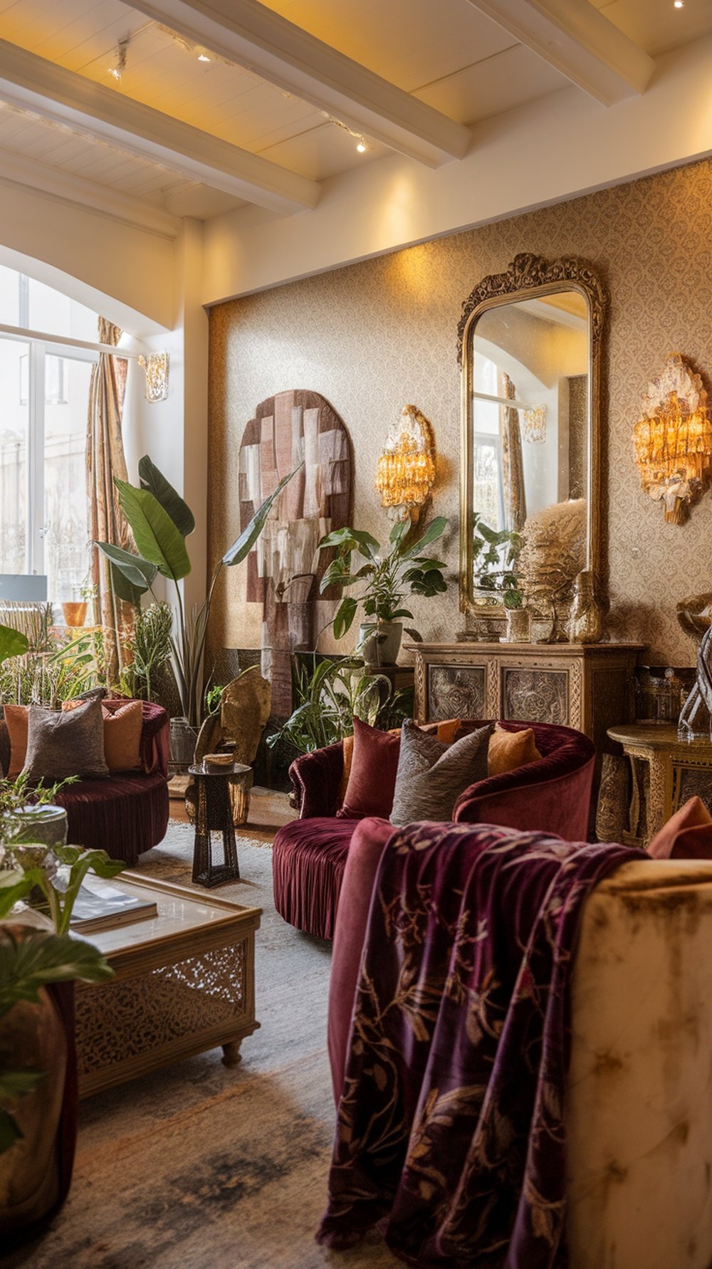 A cozy boho living room featuring patterned throws and elegant crystal chandeliers.