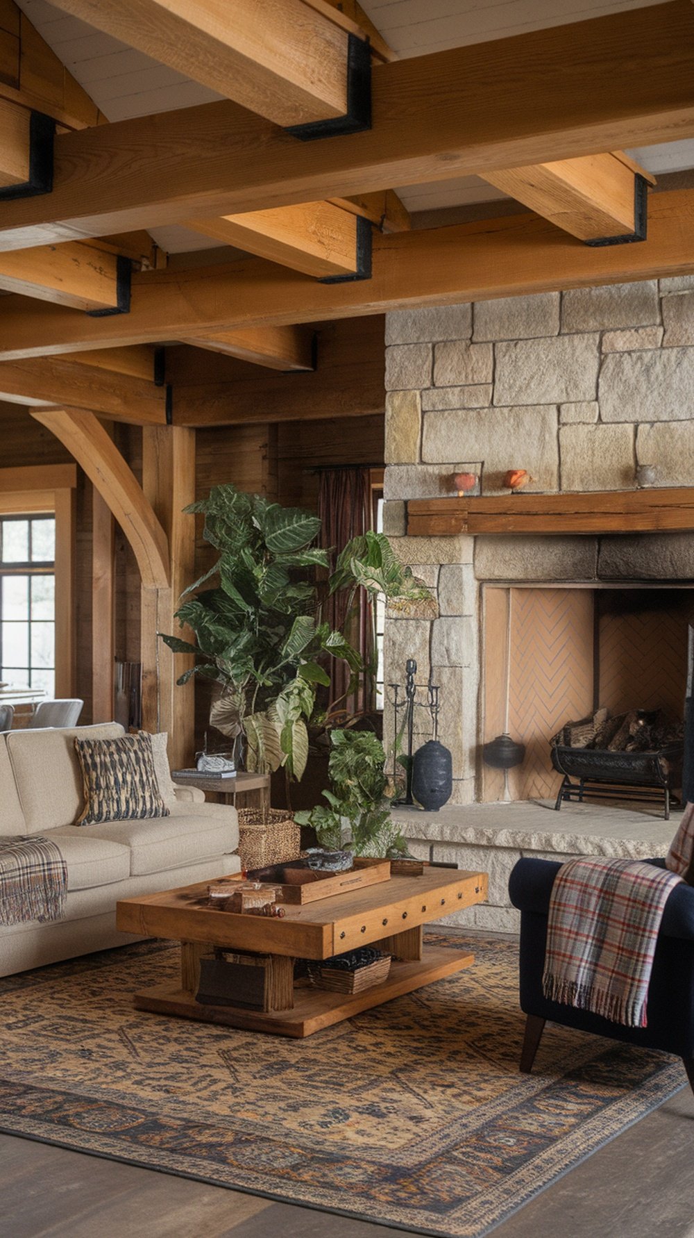A cozy living room featuring wooden beams, a neutral sofa, a rustic coffee table, a large potted plant, and a stone fireplace.