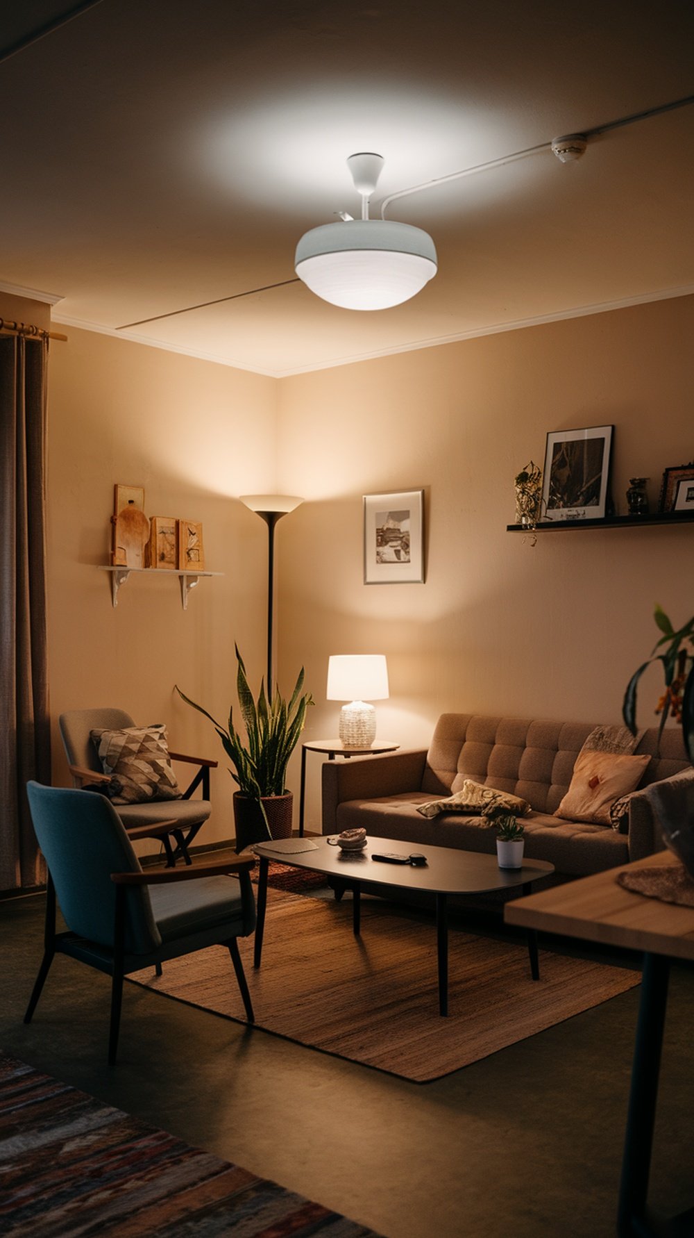 Cozy living room with layered lighting including a ceiling light, floor lamp, and table lamp.