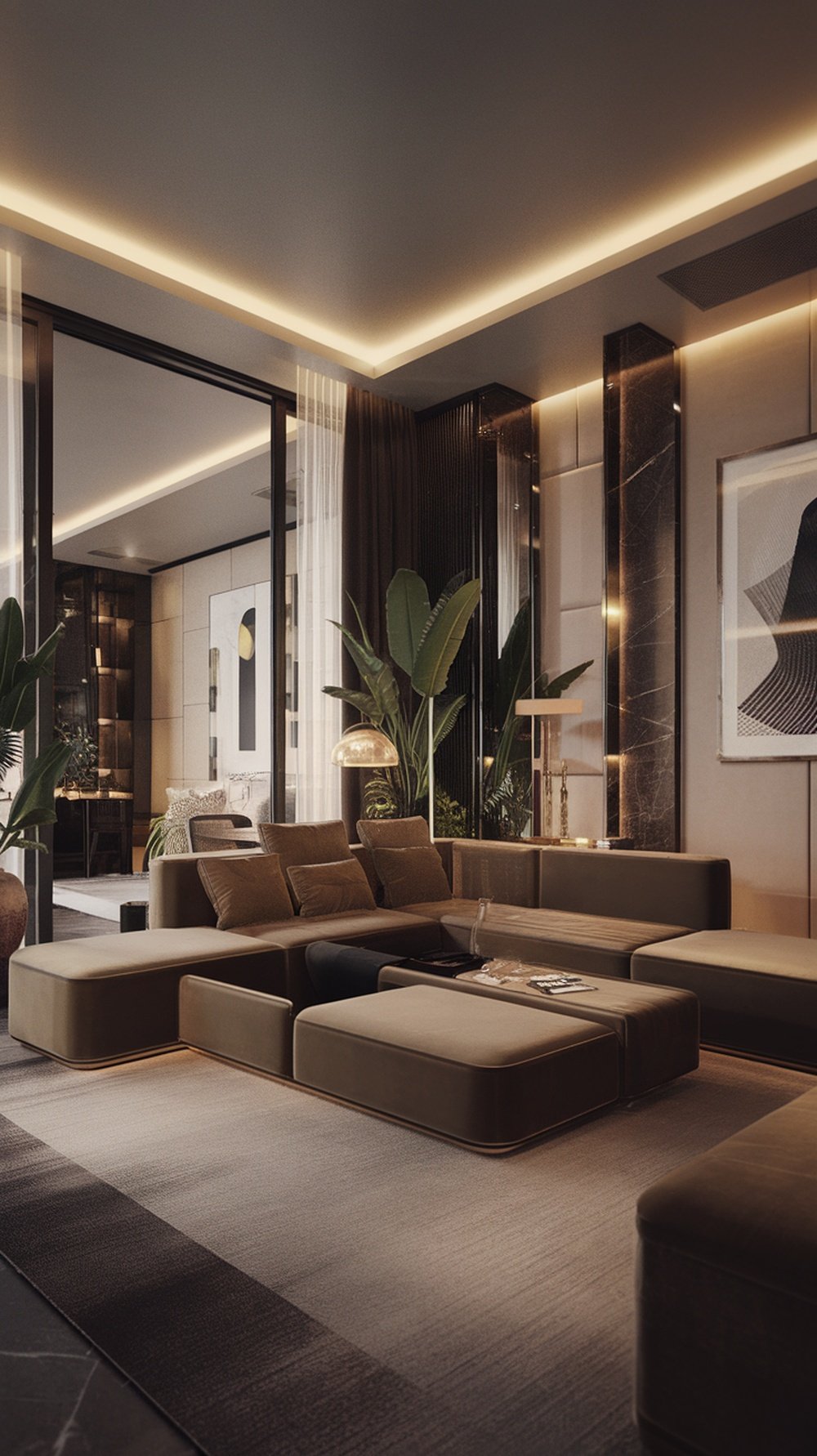 A cozy conversation nook with four plush chairs around a wooden table, surrounded by plants and soft lighting.