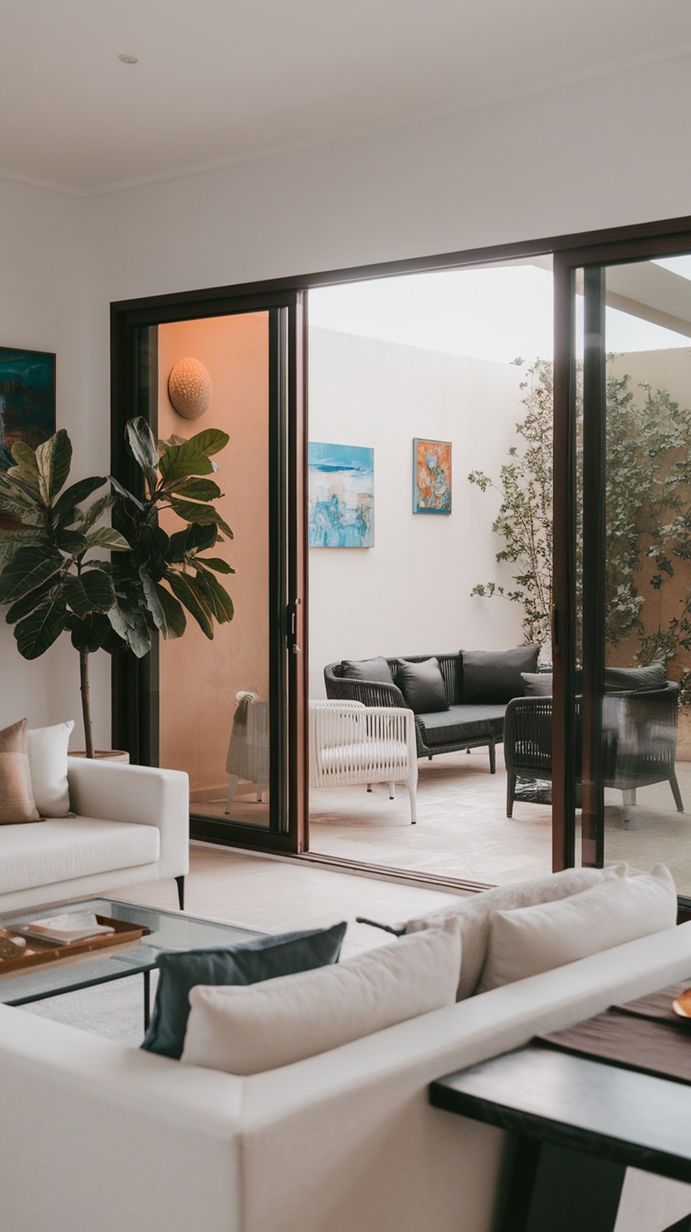 A living room with large glass doors leading to an outdoor seating area, featuring plants and stylish furniture.