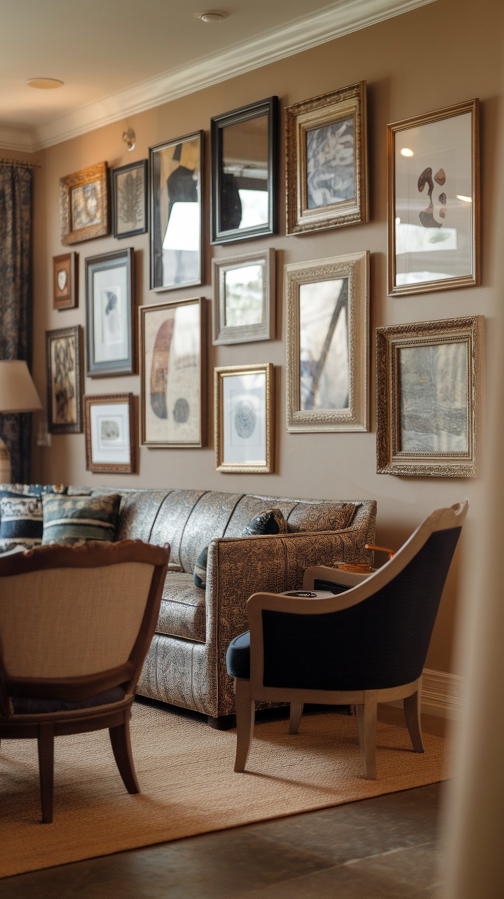A living room featuring a gallery wall with various framed artworks and mirrors, complemented by a stylish sofa and chairs.
