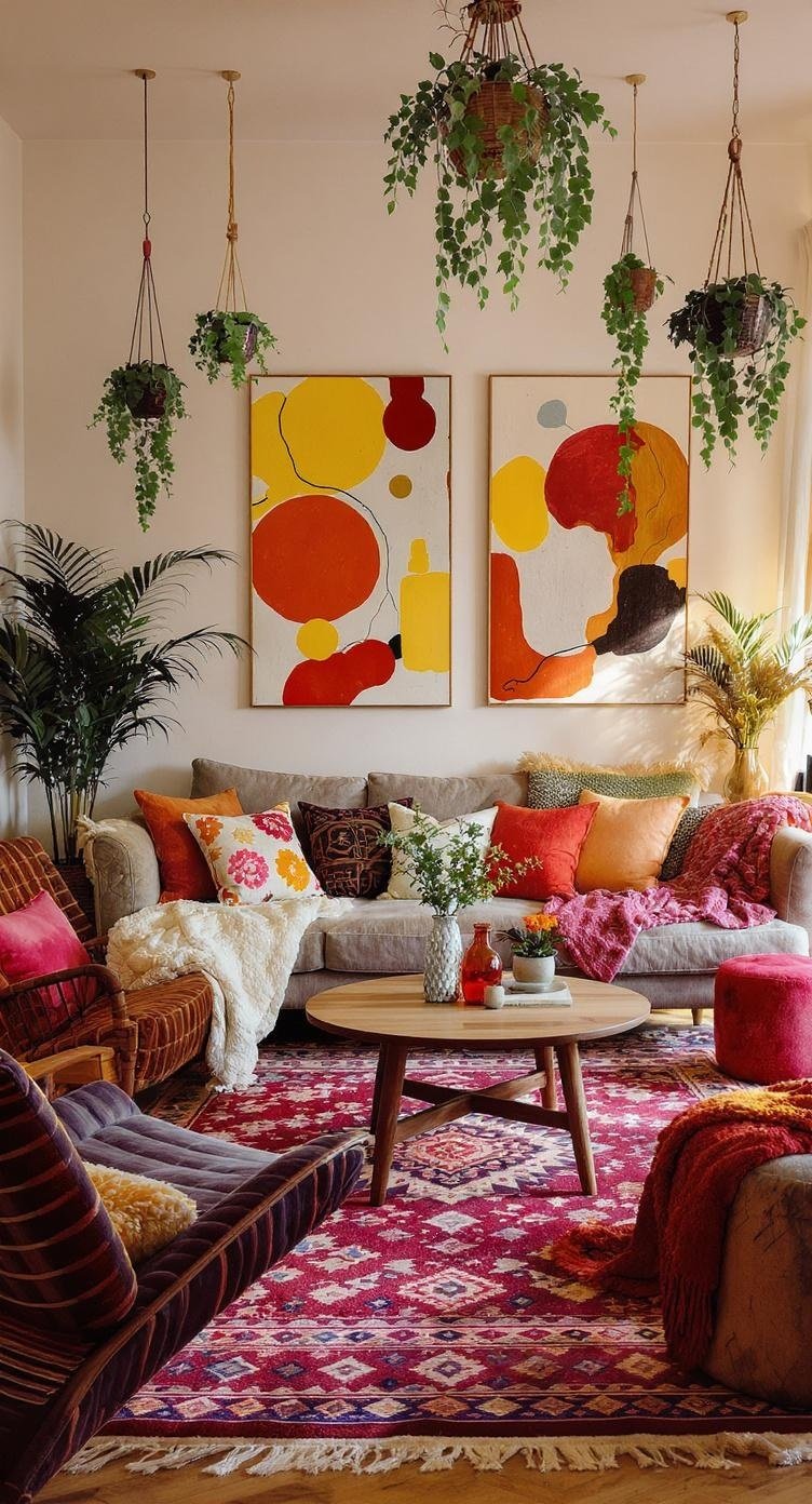 A cozy boho living room featuring abstract art and eclectic decor.