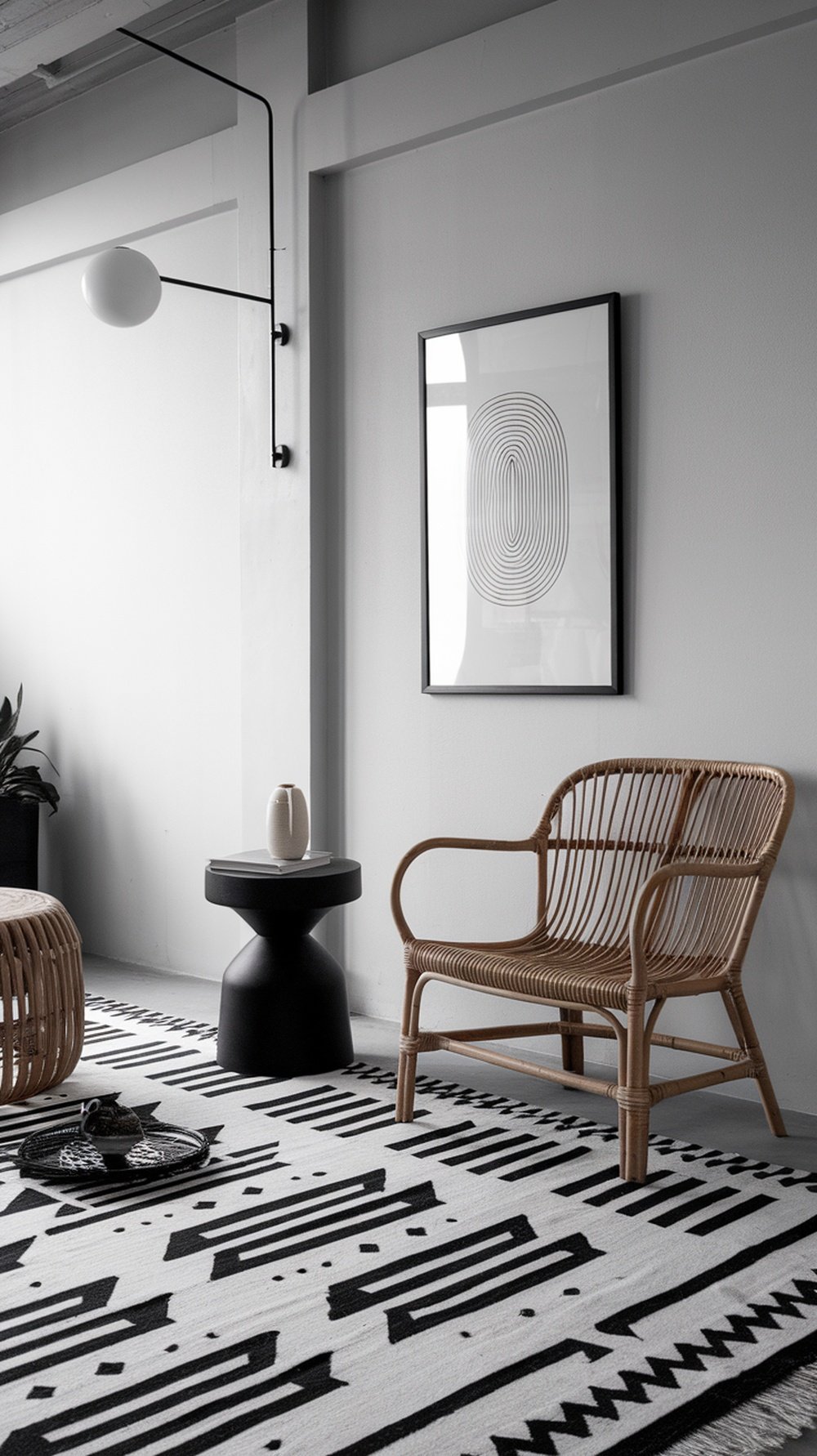Monochrome boho living room featuring black-and-white tribal patterns.