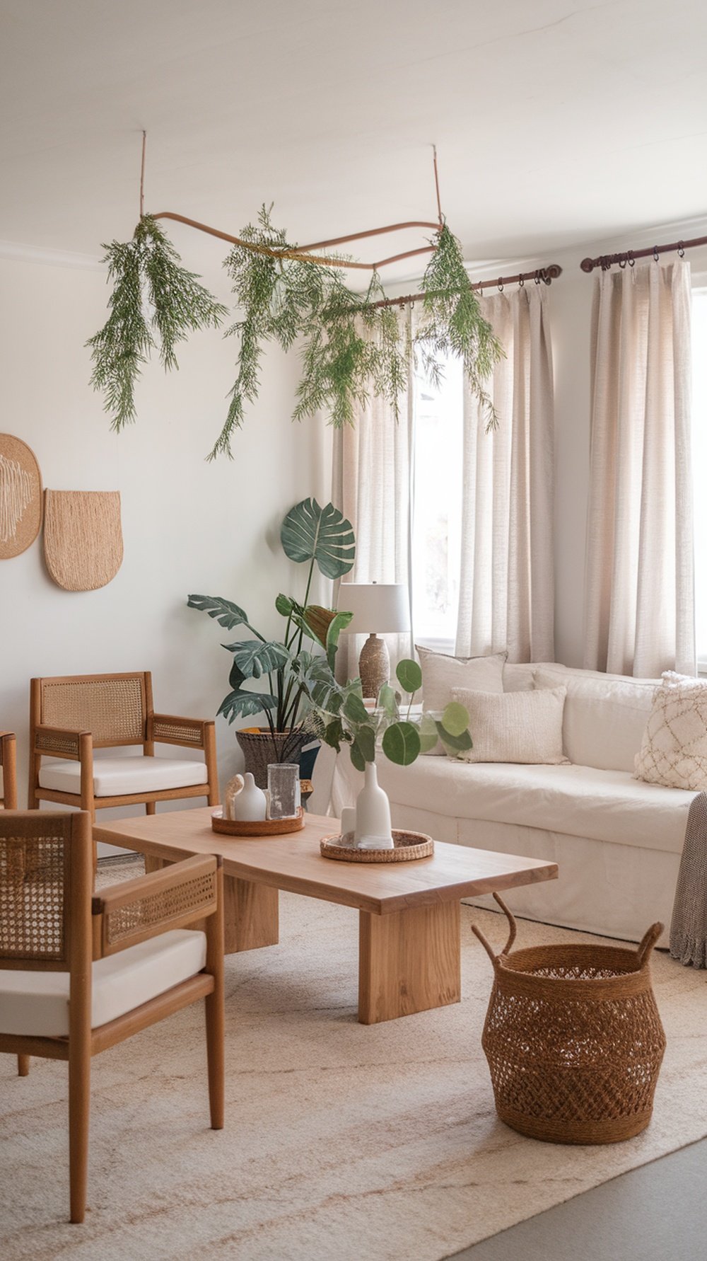 Minimalist white boho living room with wooden accents and greenery.