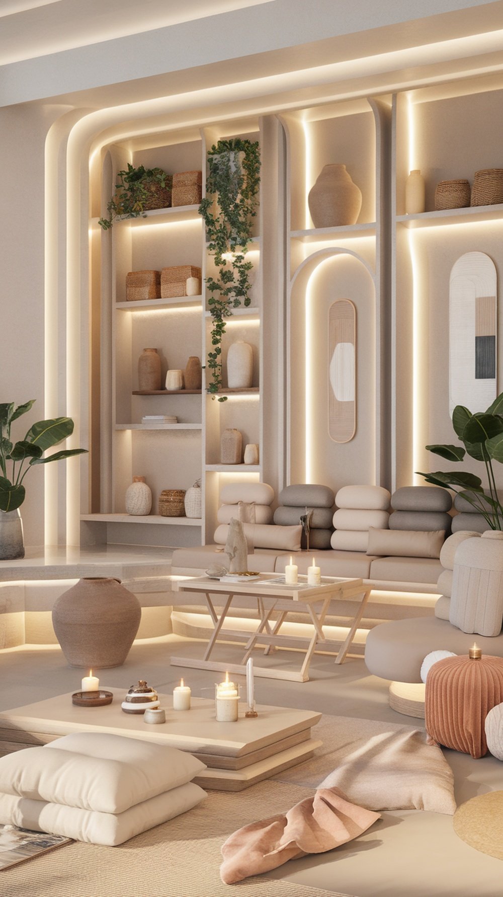 Cozy small living room with a compact sofa, shelves, and warm lighting