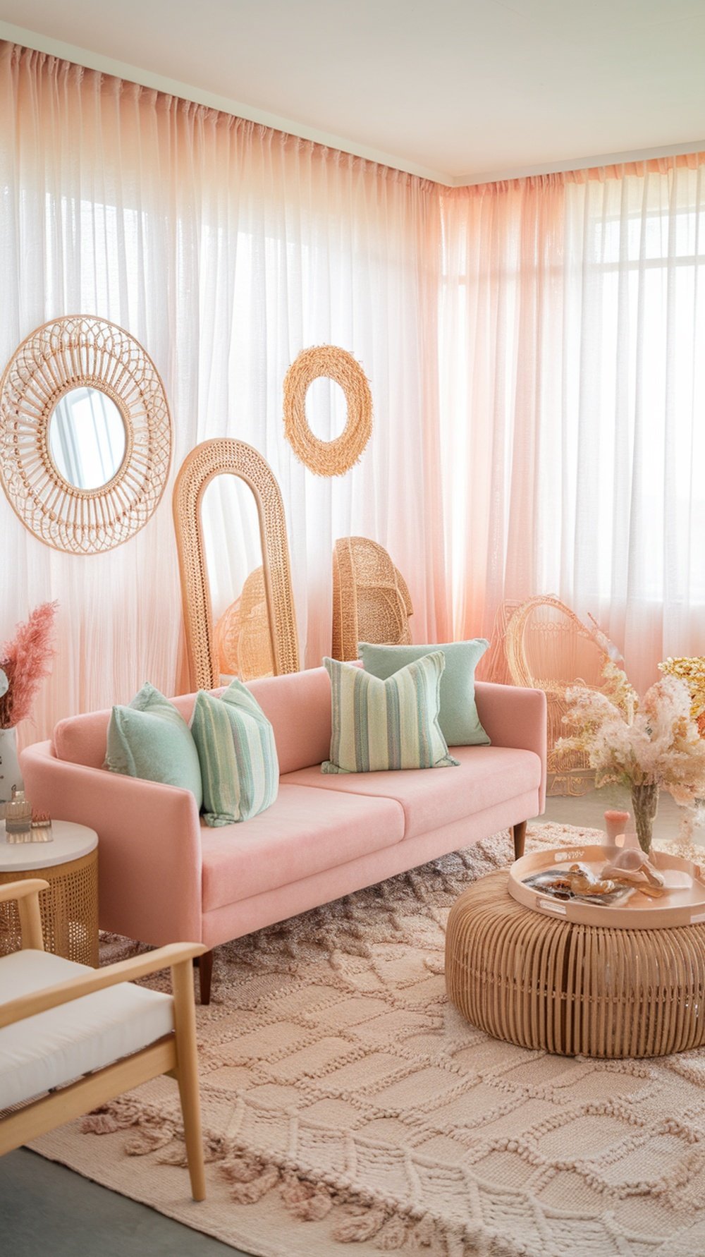 A cozy boho living room featuring soft pastel colors, fringe pillows, and woven baskets.