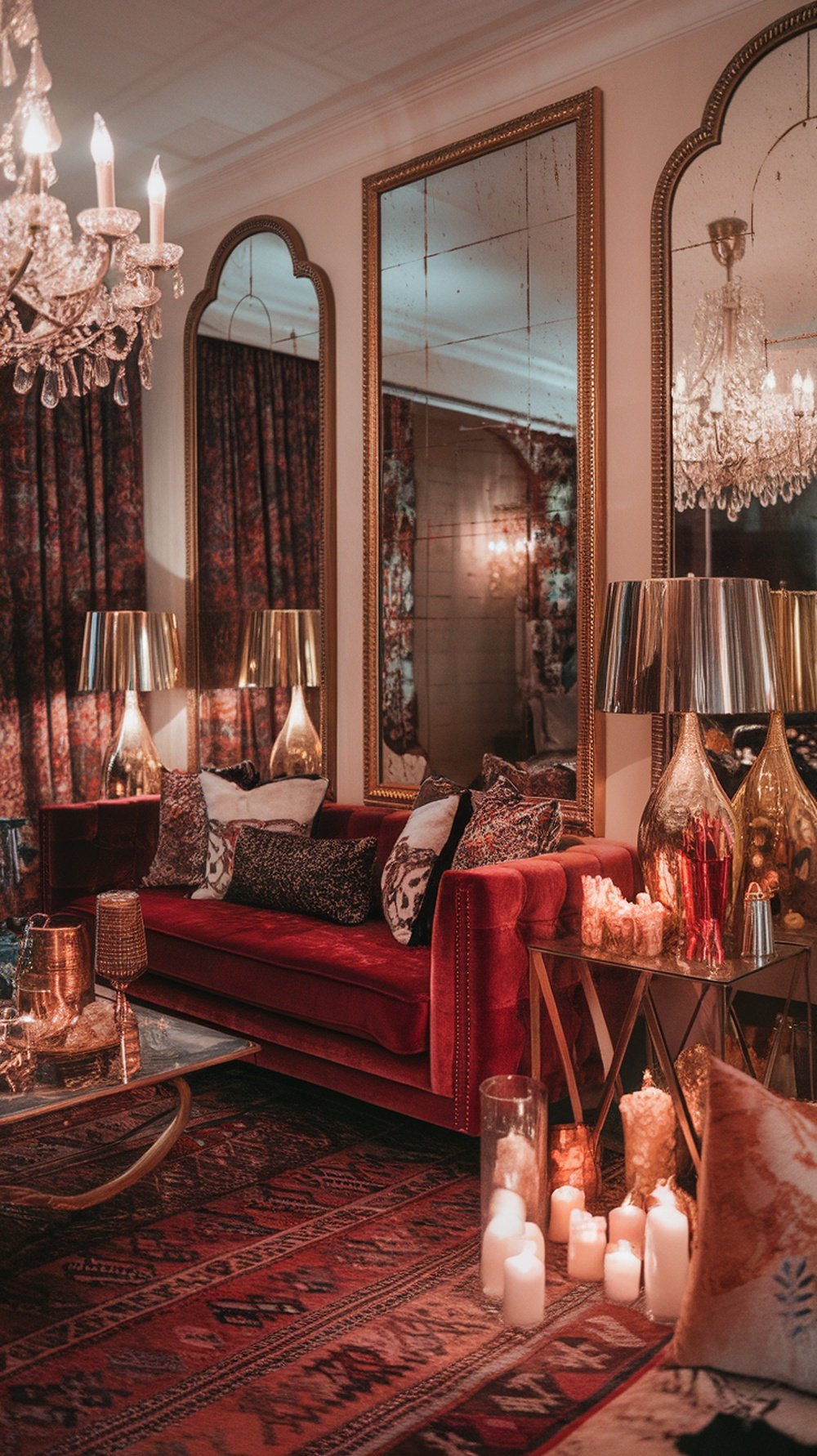 Cozy Bohemian glam living room featuring gold accents and velvet cushions.