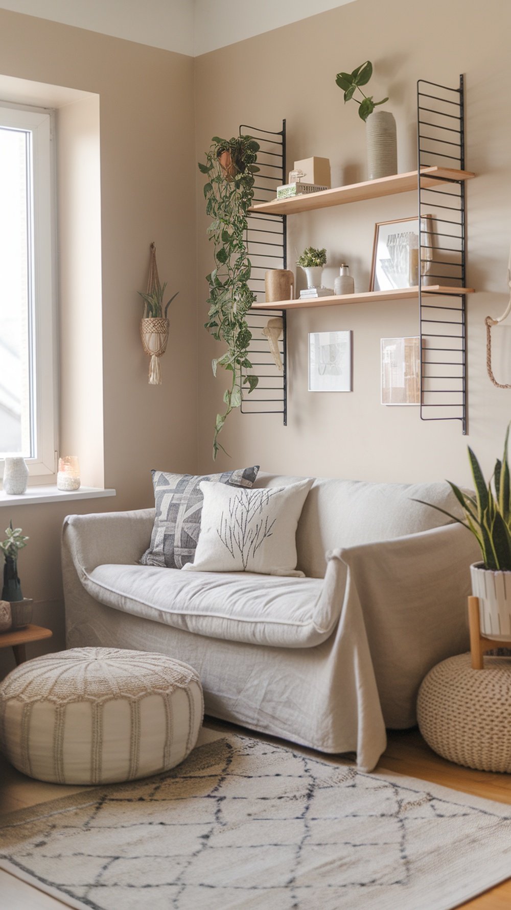 Cozy boho living room with layered rugs and wall plants.